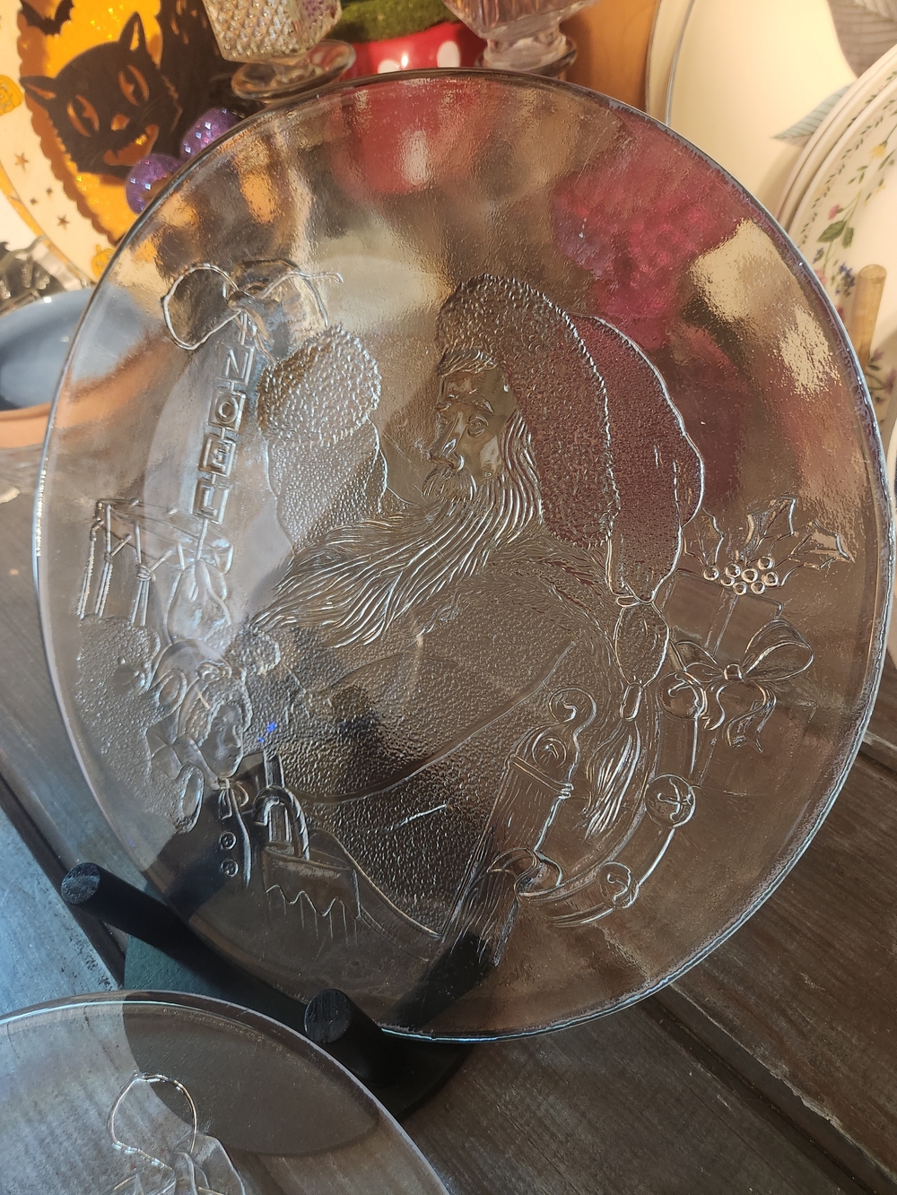 Clear Glass Holiday Noel Santa Decorative Serving Platter Set Of 2